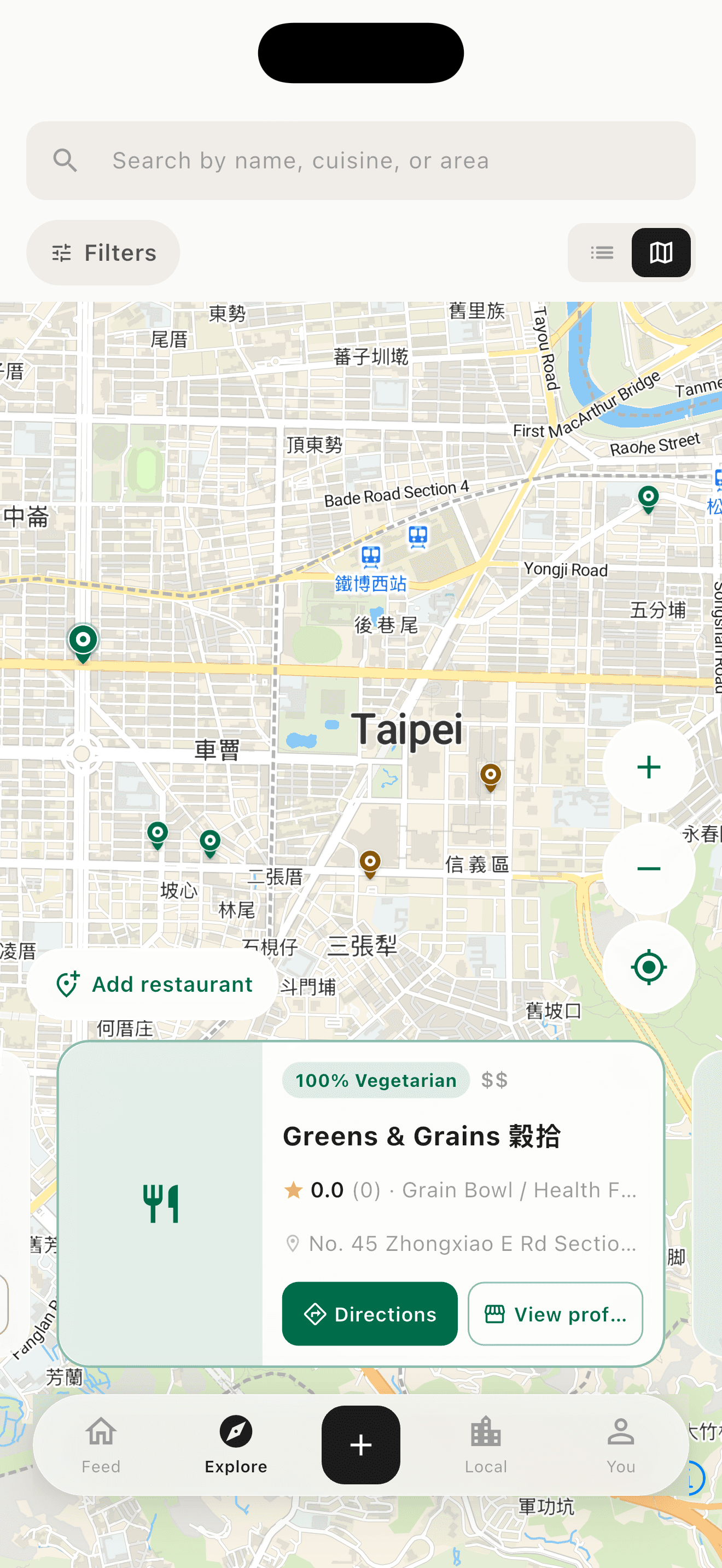 Vegigo 應用程式探索地圖,顯示素食餐廳結果